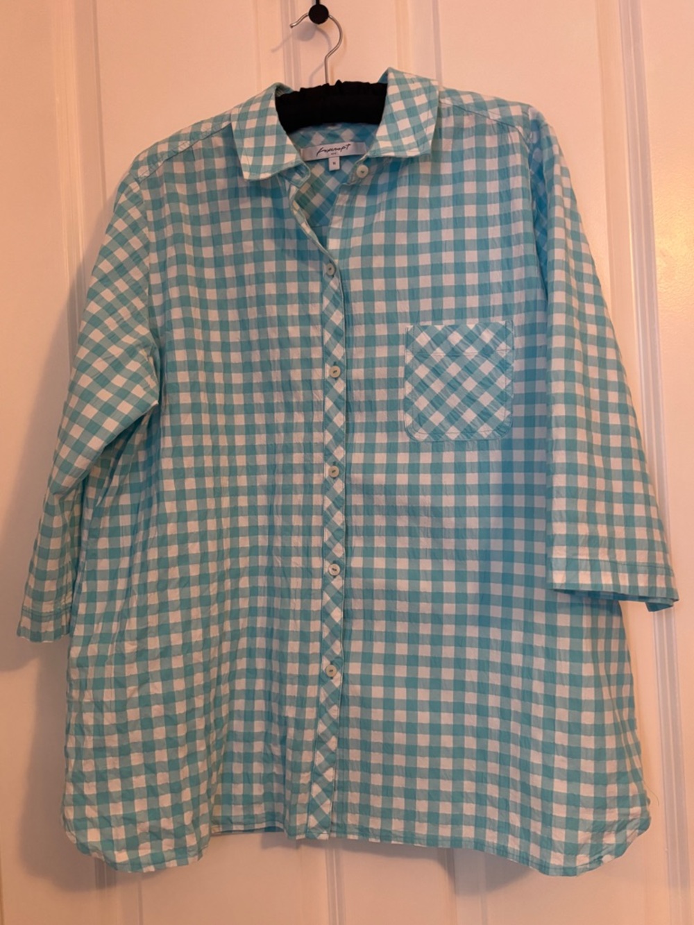 Foxcroft - Light Blue & White Gingham Button-Up Shirt.  Size 16. Cotton/Elastane